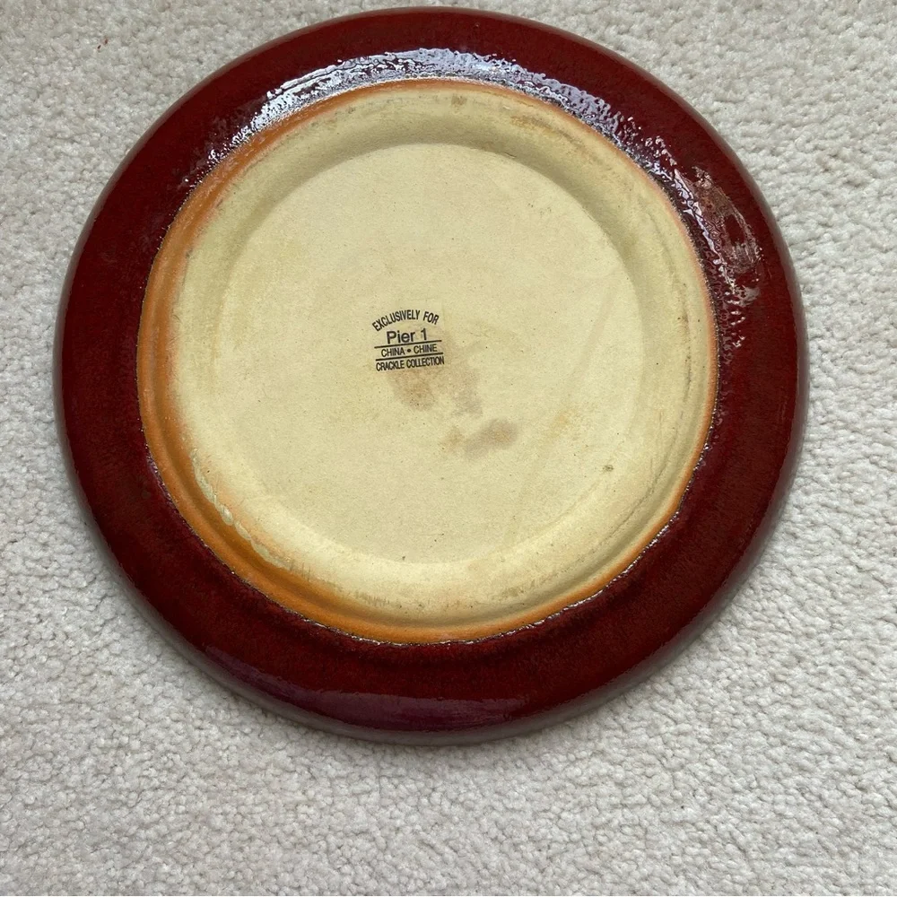 Vintage Pier 1 Rustic Crackle Glaze Ceramic Plate Red Rim Artisan Pottery Decor